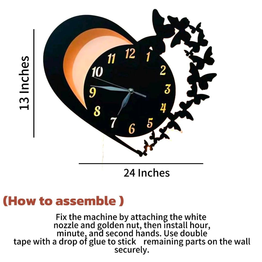 Heart and Butterfly Wall Clock Black