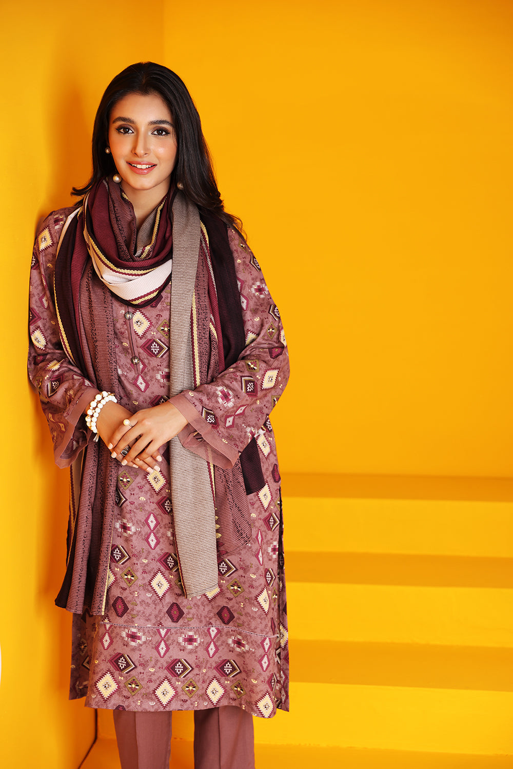 Dusty Rose Printed Kurta with Contrasting Striped Dupatta & Matching Trousers