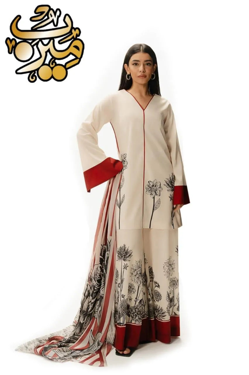 Arabic Lawn Printed 3 Piece Suit - White V-Neck