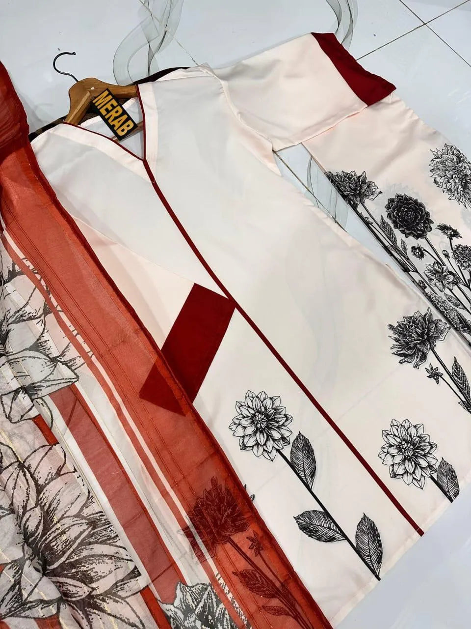 Arabic Lawn Printed 3 Piece Suit - White V-Neck